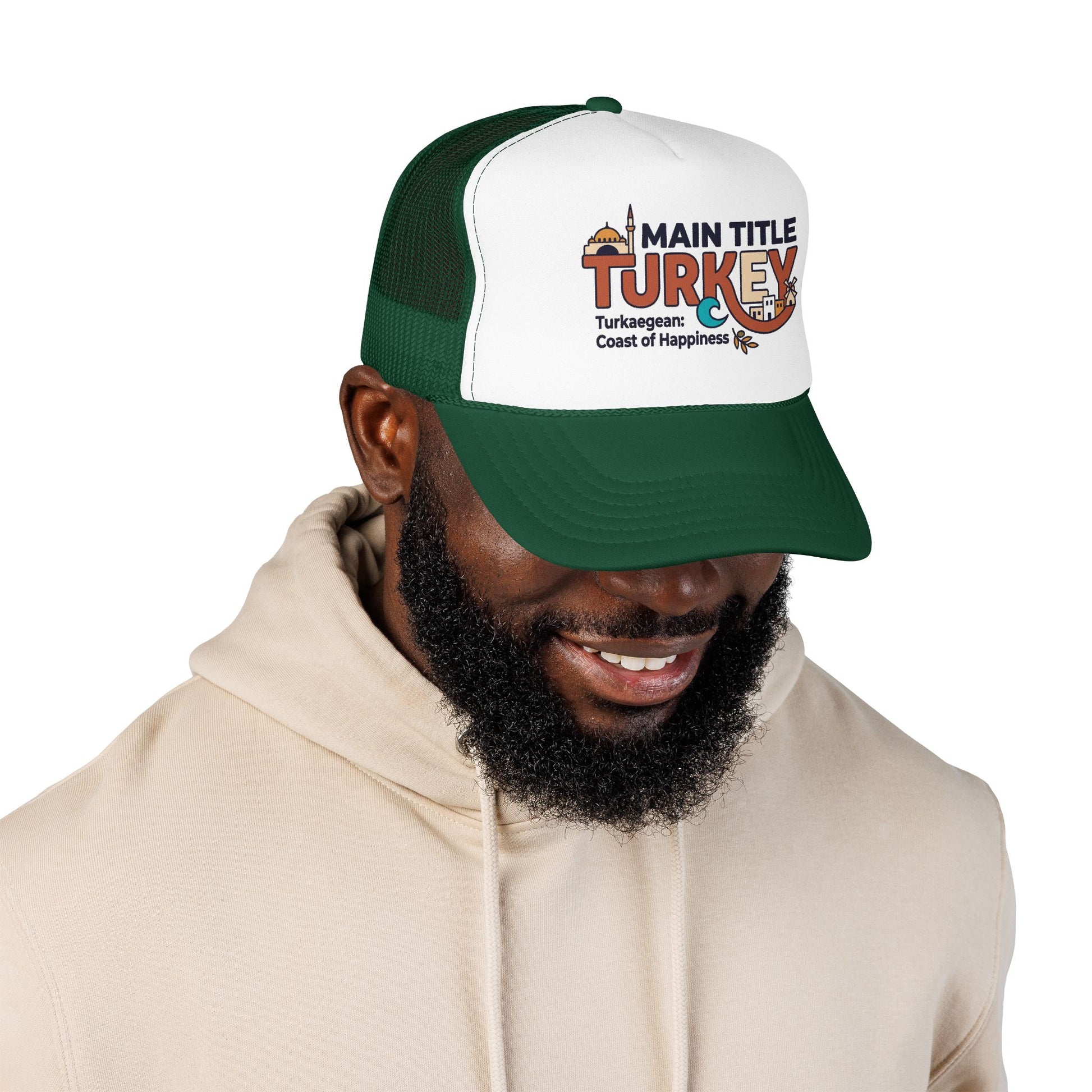 Dark green and white foam trucker hat on model, front logo patch and curved brim
