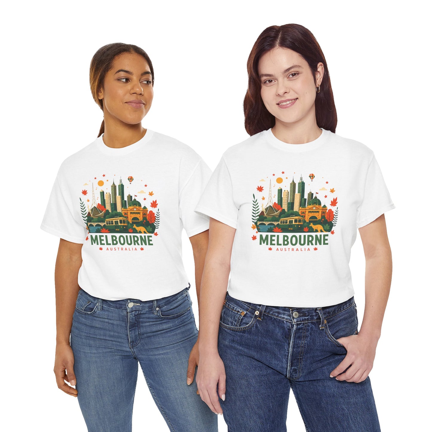 White T-shirt with colorful Melbourne skyline graphic across the chest