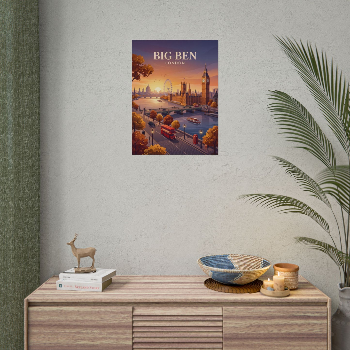 Small square London skyline poster with Big Ben clock tower and red double-decker bus.