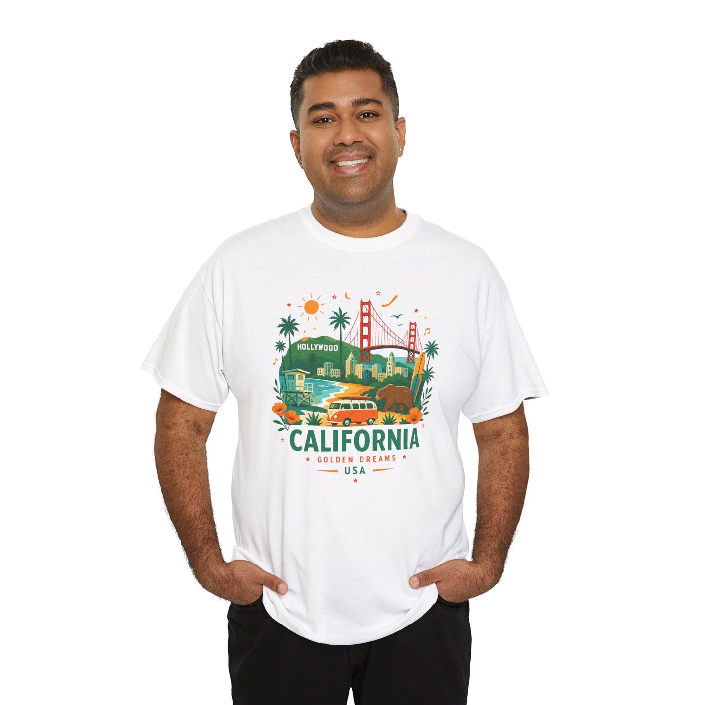 Man wearing white crew-neck T-shirt with colorful California graphic on chest