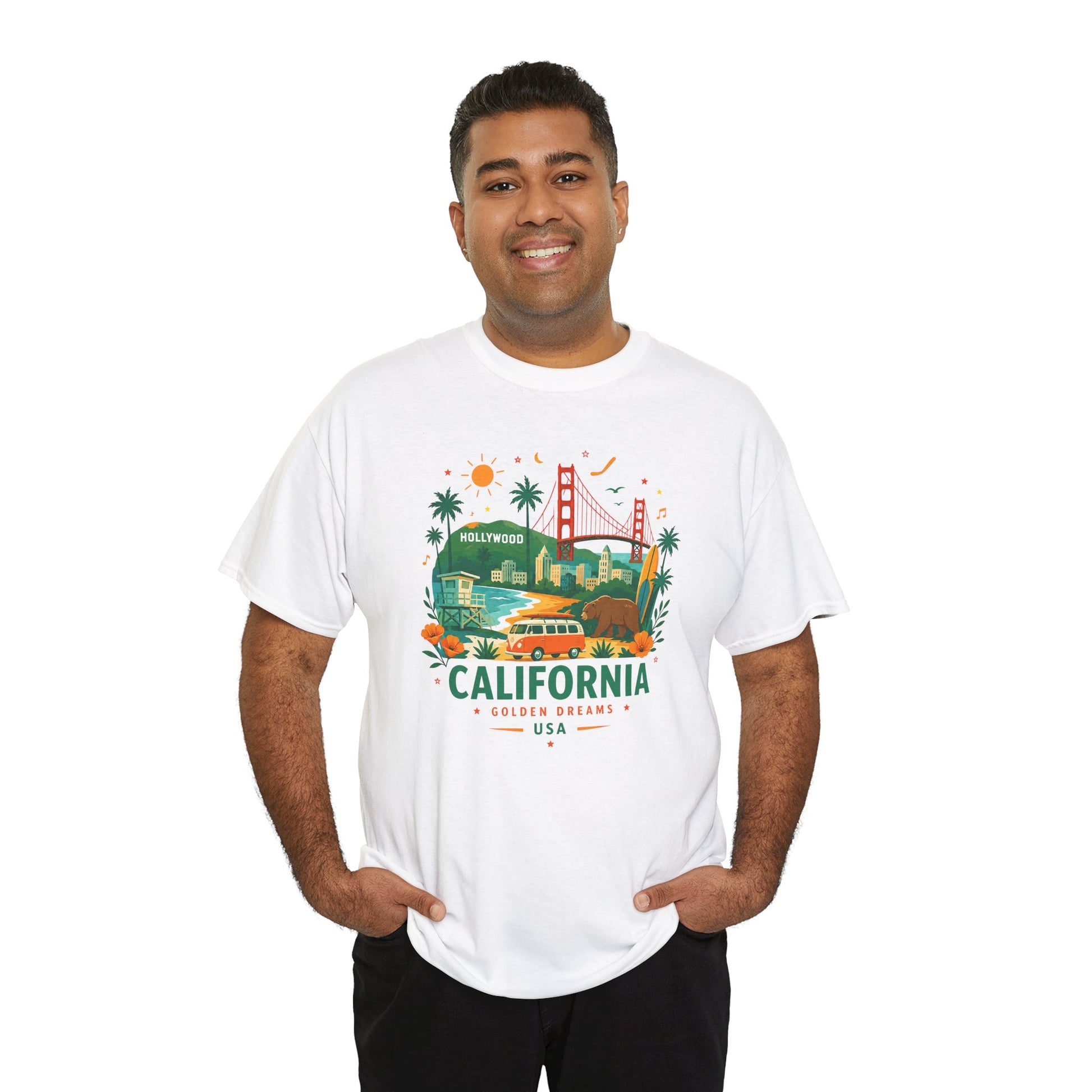 Man wearing white crew-neck T-shirt with colorful California graphic on chest
