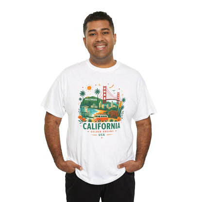 Man wearing white crew-neck T-shirt with colorful California graphic on chest