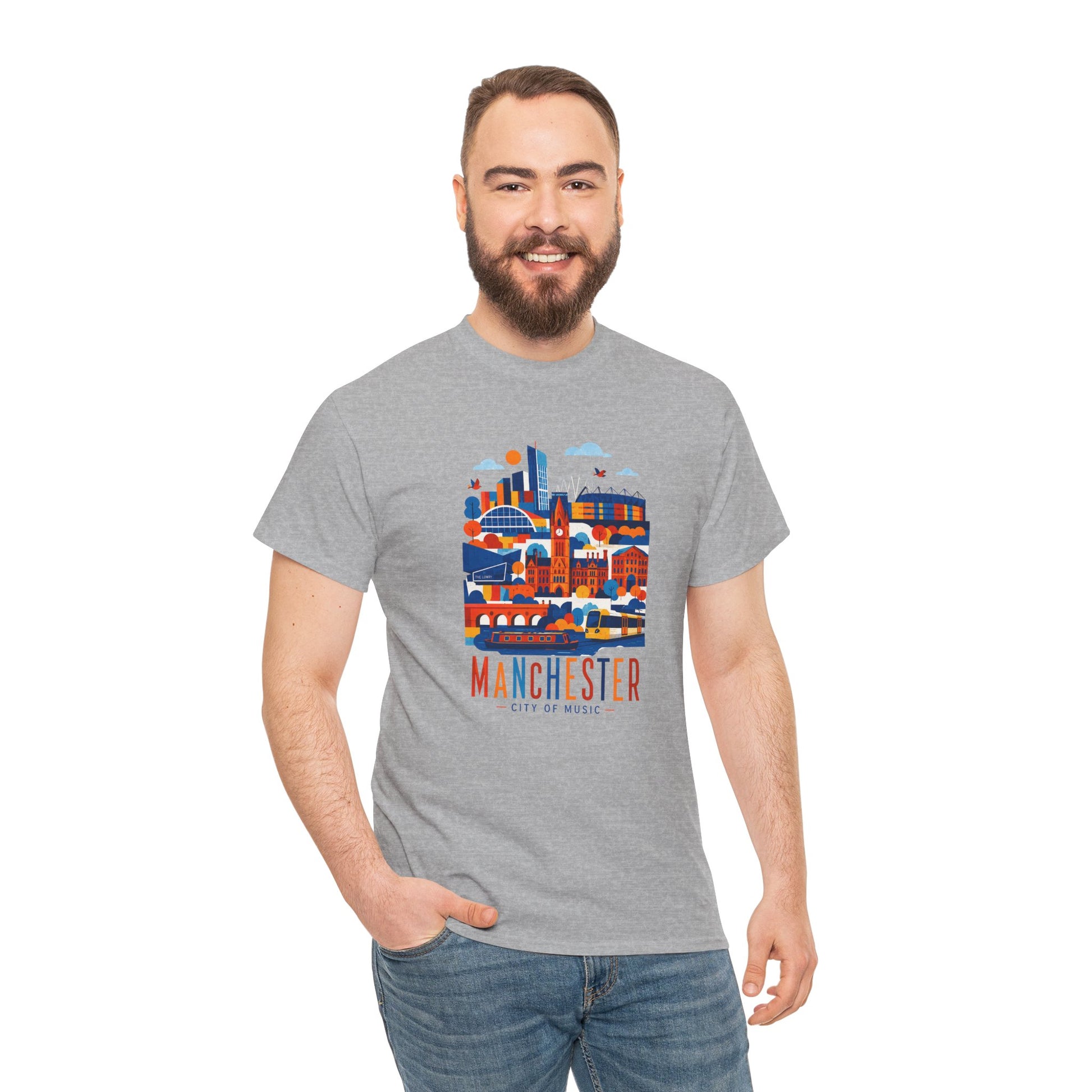 Light gray crewneck t-shirt with multicolor Manchester skyline graphic on front