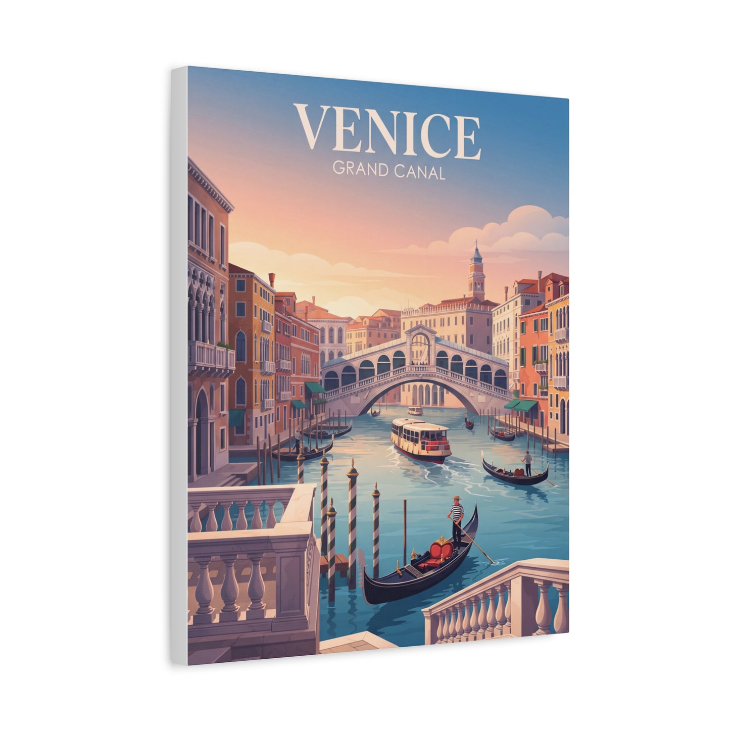 Venice canal matte canvas print showing gondolas on water and bridge