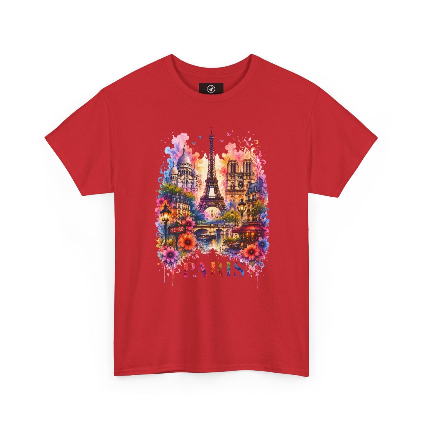 Red T-shirt with colorful Eiffel Tower floral watercolor graphic and PARIS text
