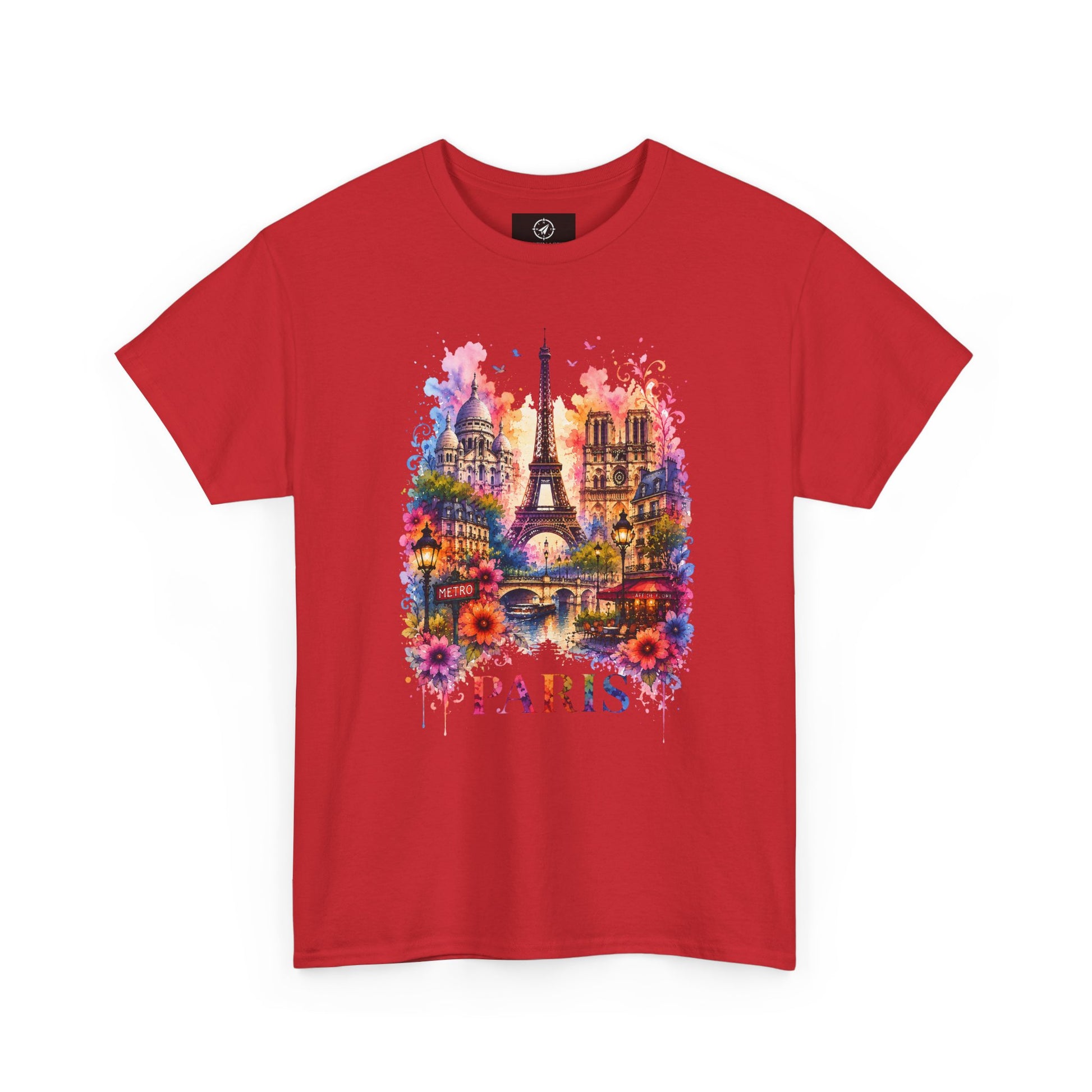 Red T-shirt with colorful Eiffel Tower floral watercolor graphic and PARIS text
