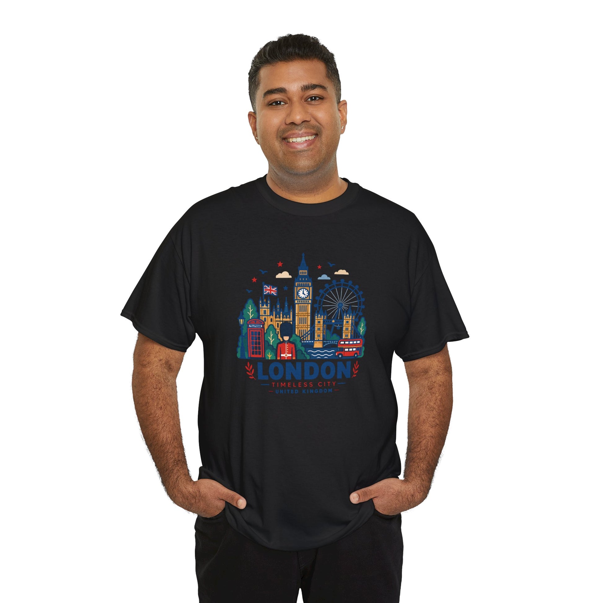 Black London skyline T-shirt with colorful city skyline graphic on front