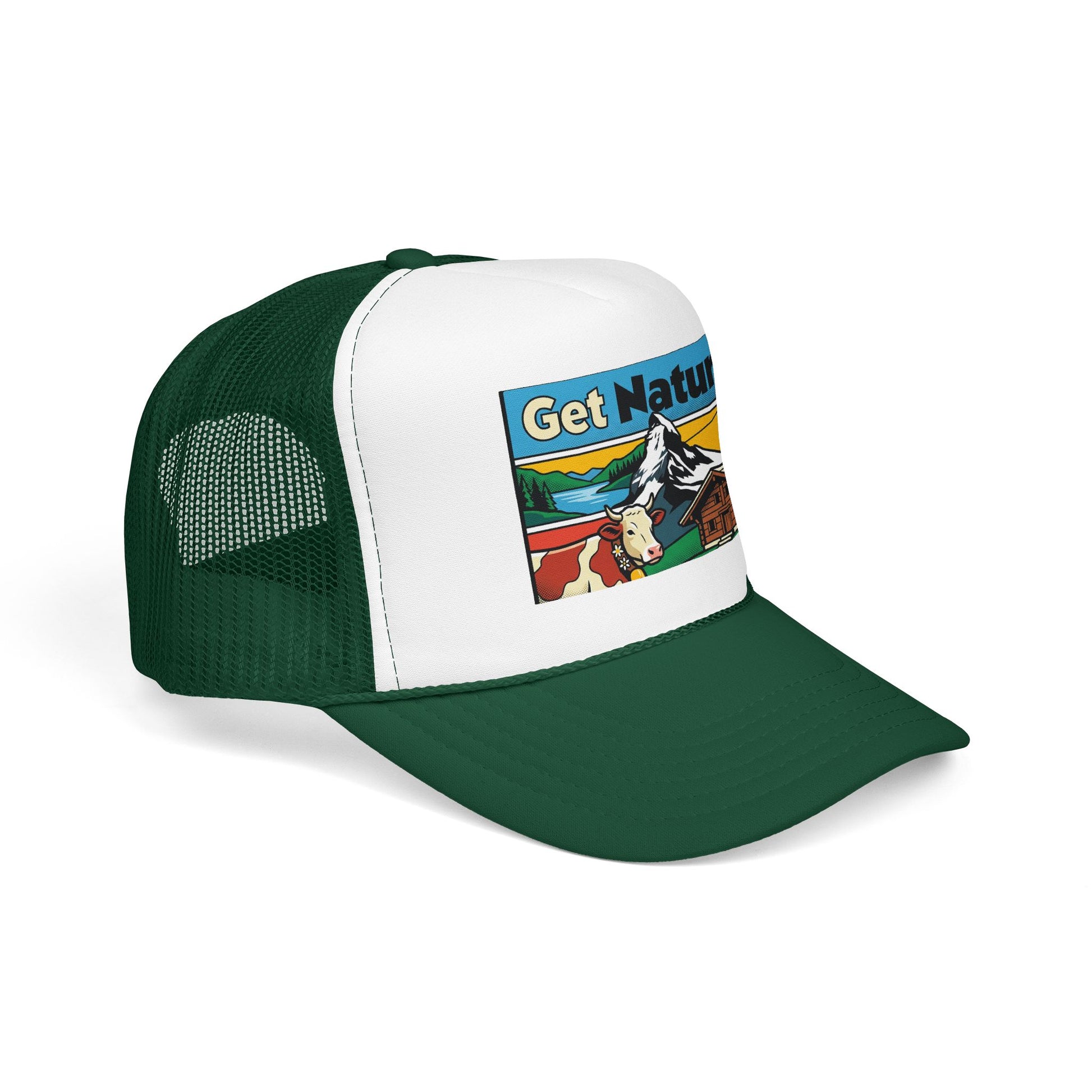 Green and white trucker hat with front logo patch and curved brim, mesh back