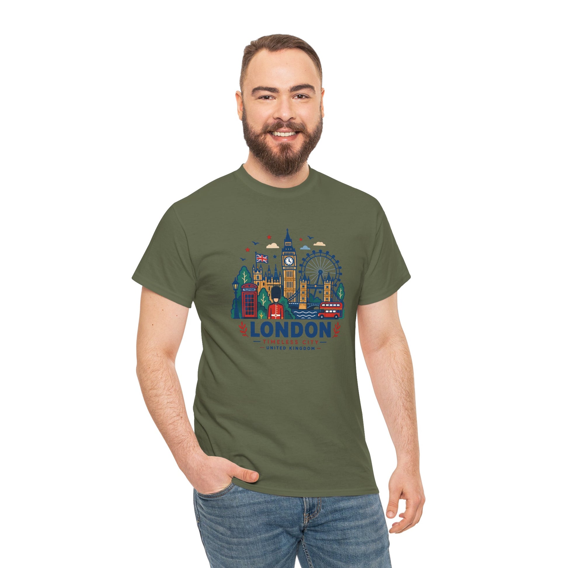 Olive green London skyline T-shirt with colorful city graphic on the chest