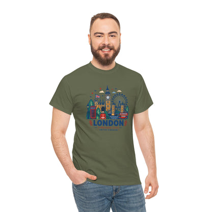Olive green London skyline T-shirt with colorful city graphic on the chest