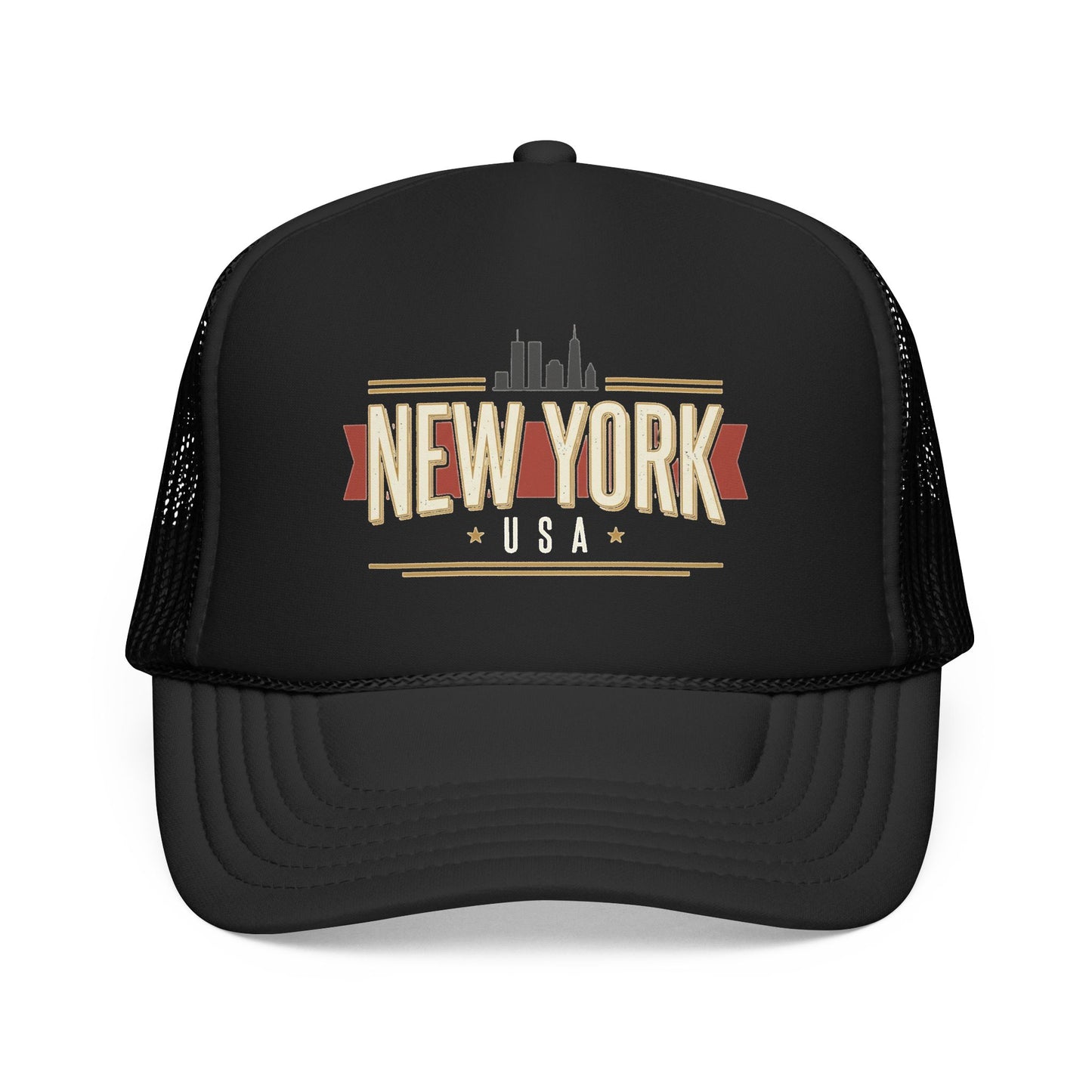 Black foam trucker hat with New York USA front graphic and curved mesh side panels
