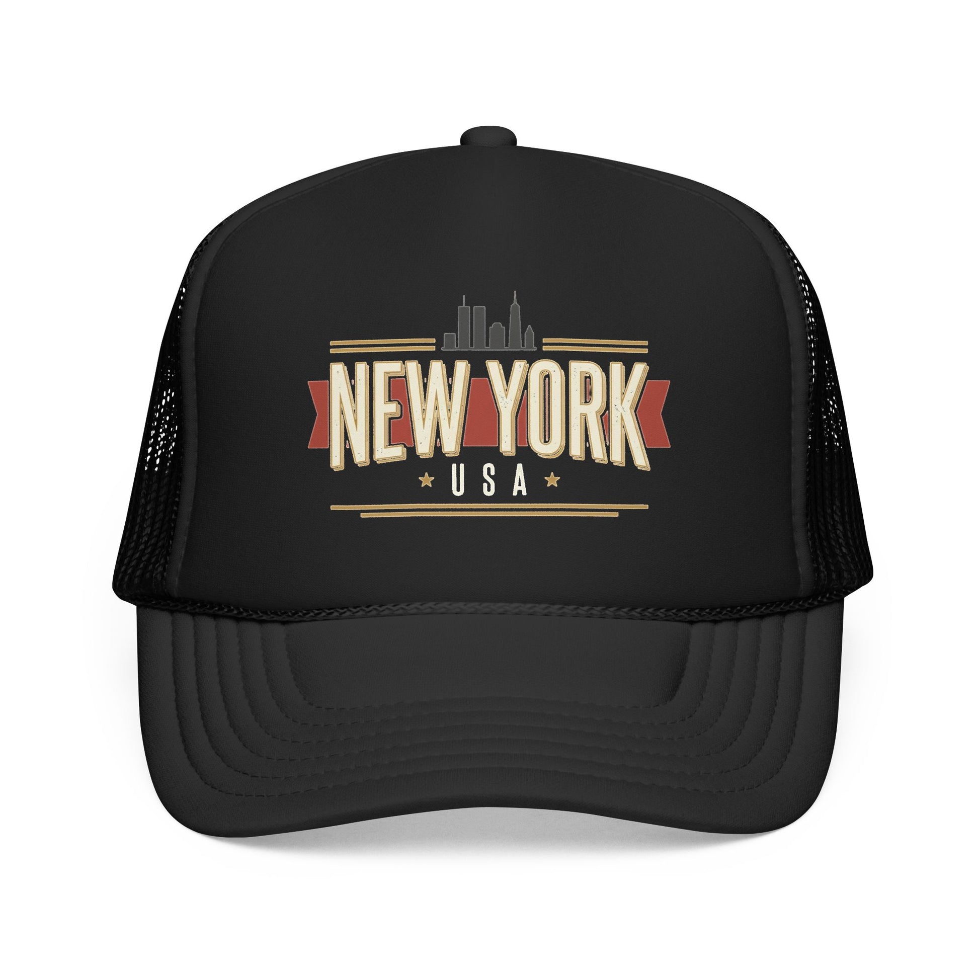 Black foam trucker hat with New York USA front graphic and curved mesh side panels
