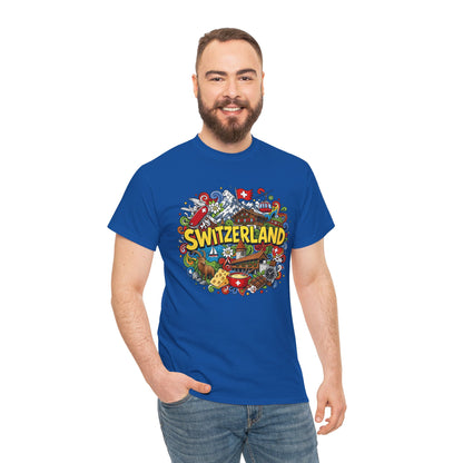 Royal blue Switzerland travel T-shirt with colorful round chest graphic