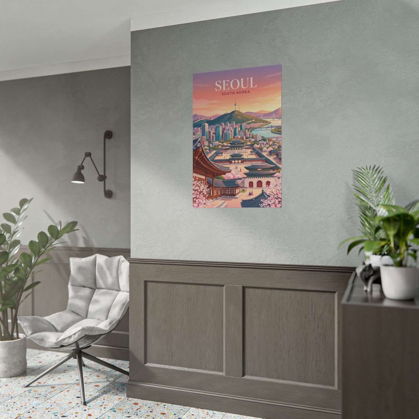 Portrait Seoul poster with city skyline, river, mountains, and red-orange sky design