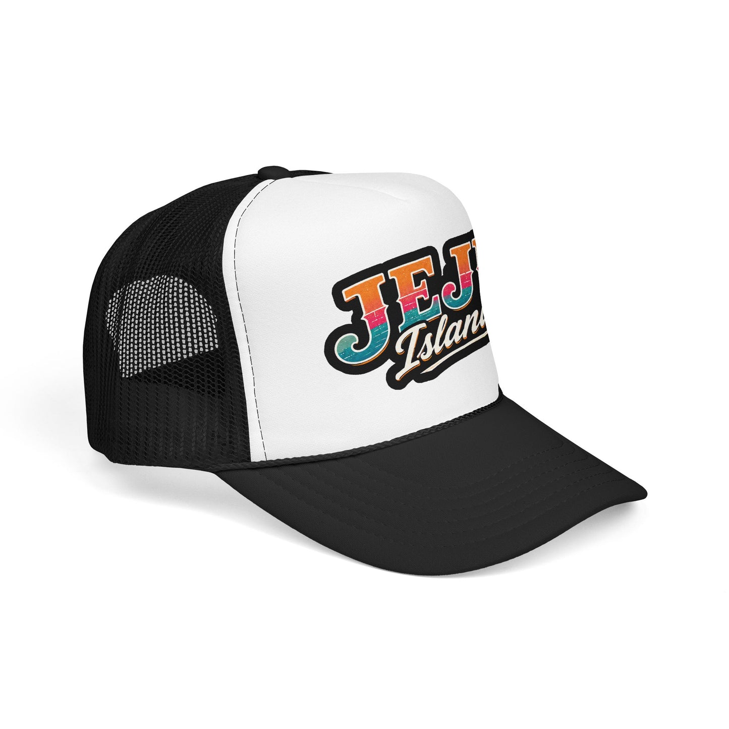Foam trucker hat with black mesh back and white front panel, embroidered logo
