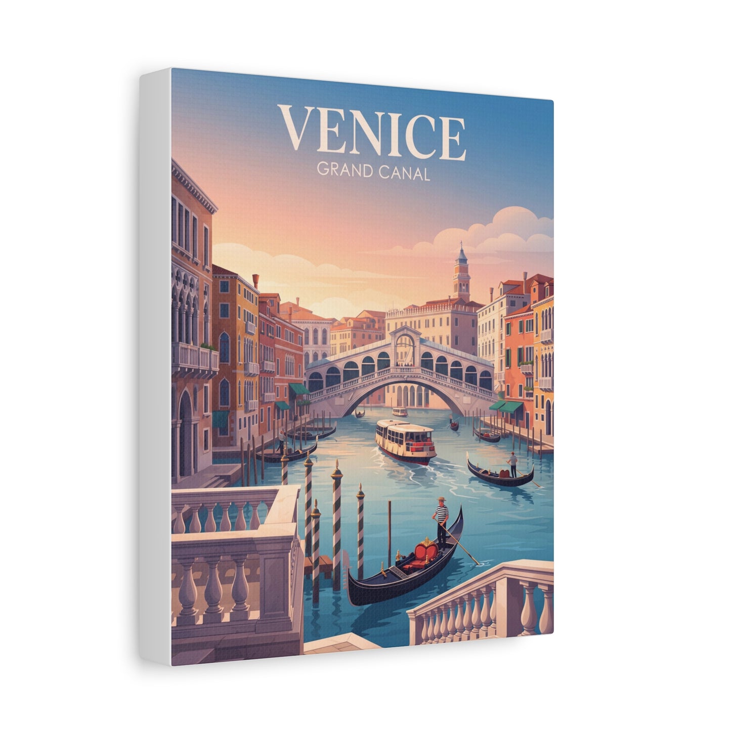 Venice canal matte canvas print with gondolas and distant lighthouse tower