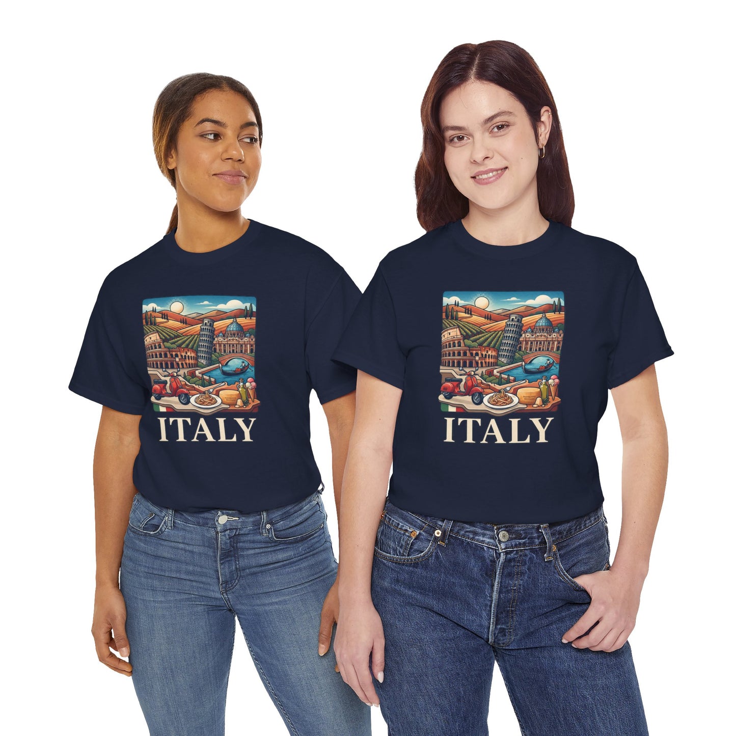 Two women wearing dark navy graphic T-shirts with Italy scenic print and “ITALY” text