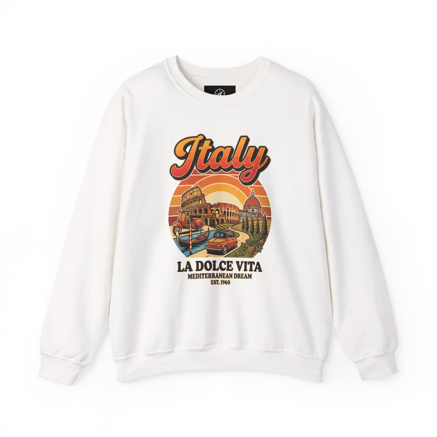 White crewneck sweatshirt with large front “Italy La Dolce Vita” graphic