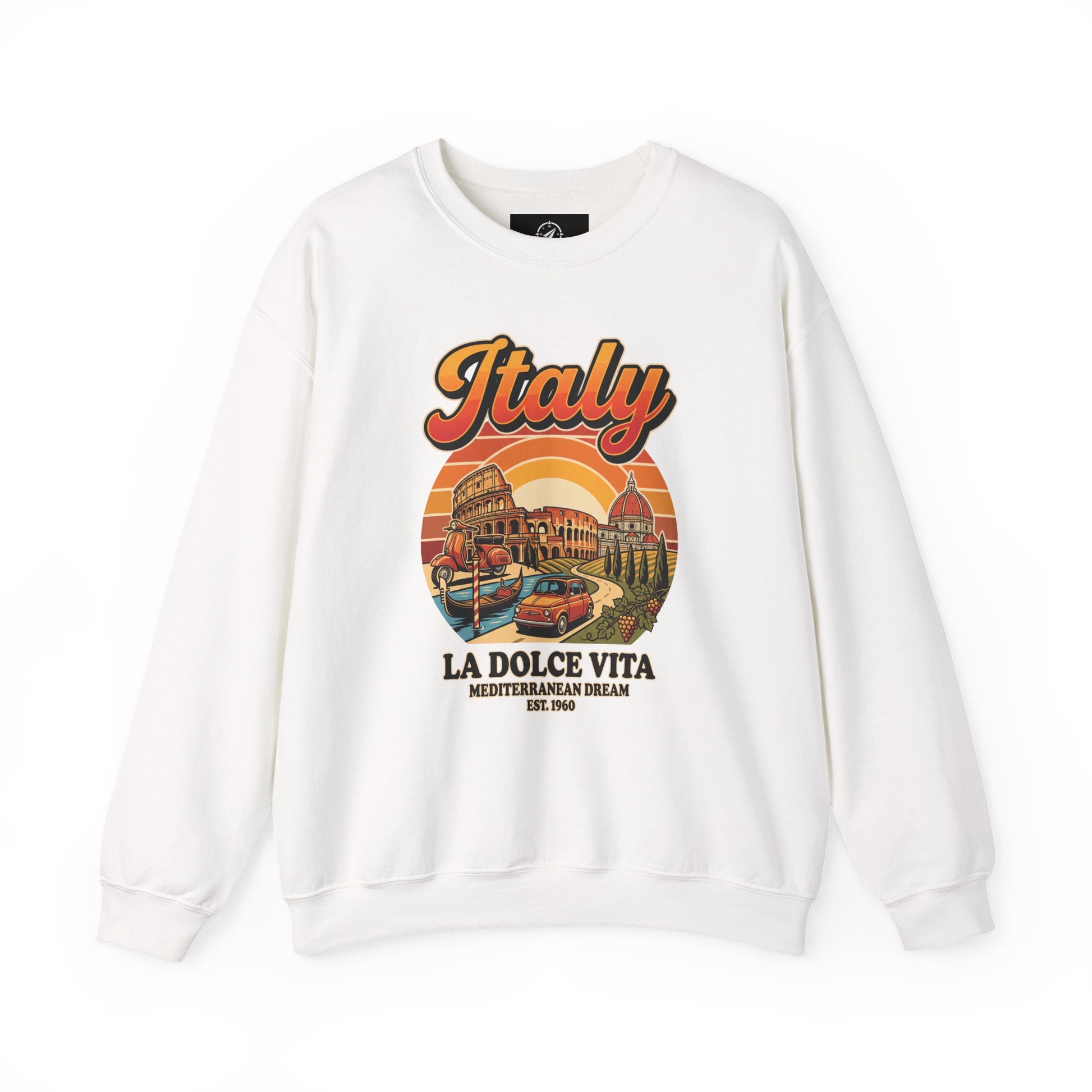 White crewneck sweatshirt with large front “Italy La Dolce Vita” graphic