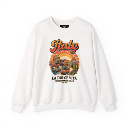 White crewneck sweatshirt with large front “Italy La Dolce Vita” graphic