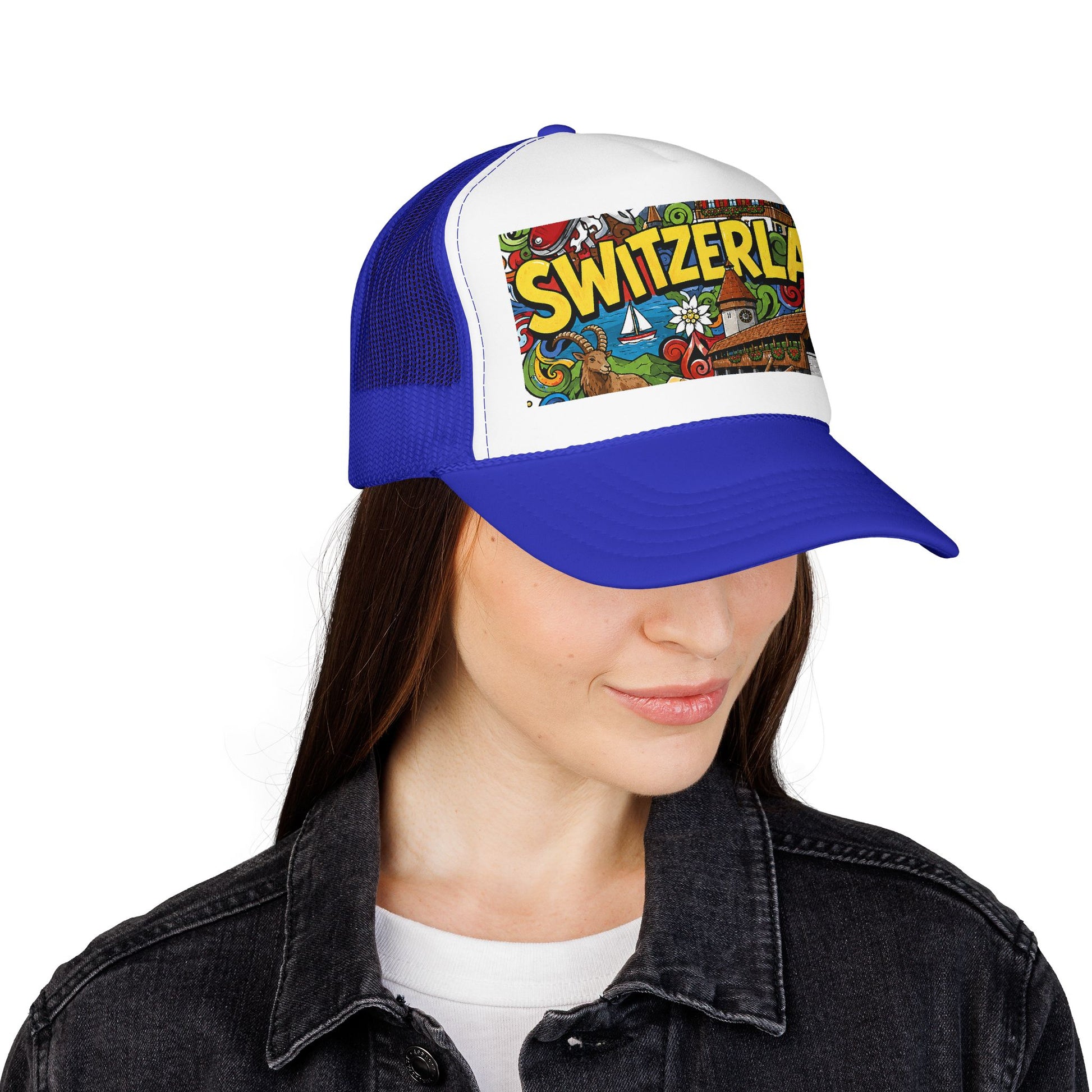 Blue and white trucker hat with mesh back, front patch graphic reading “SWITZERLAN”