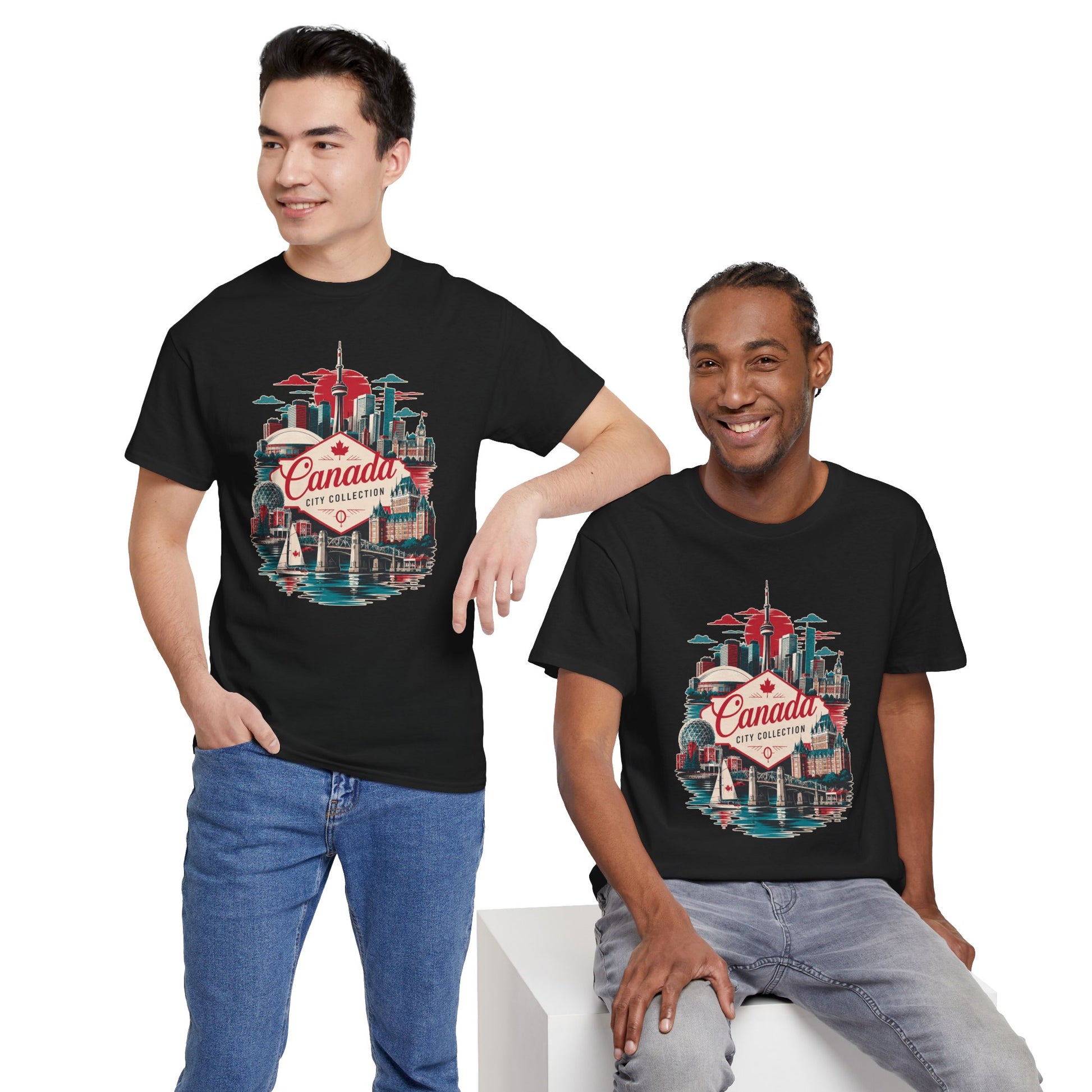 Black crew-neck T-shirt with Canada skyline graphic worn by models