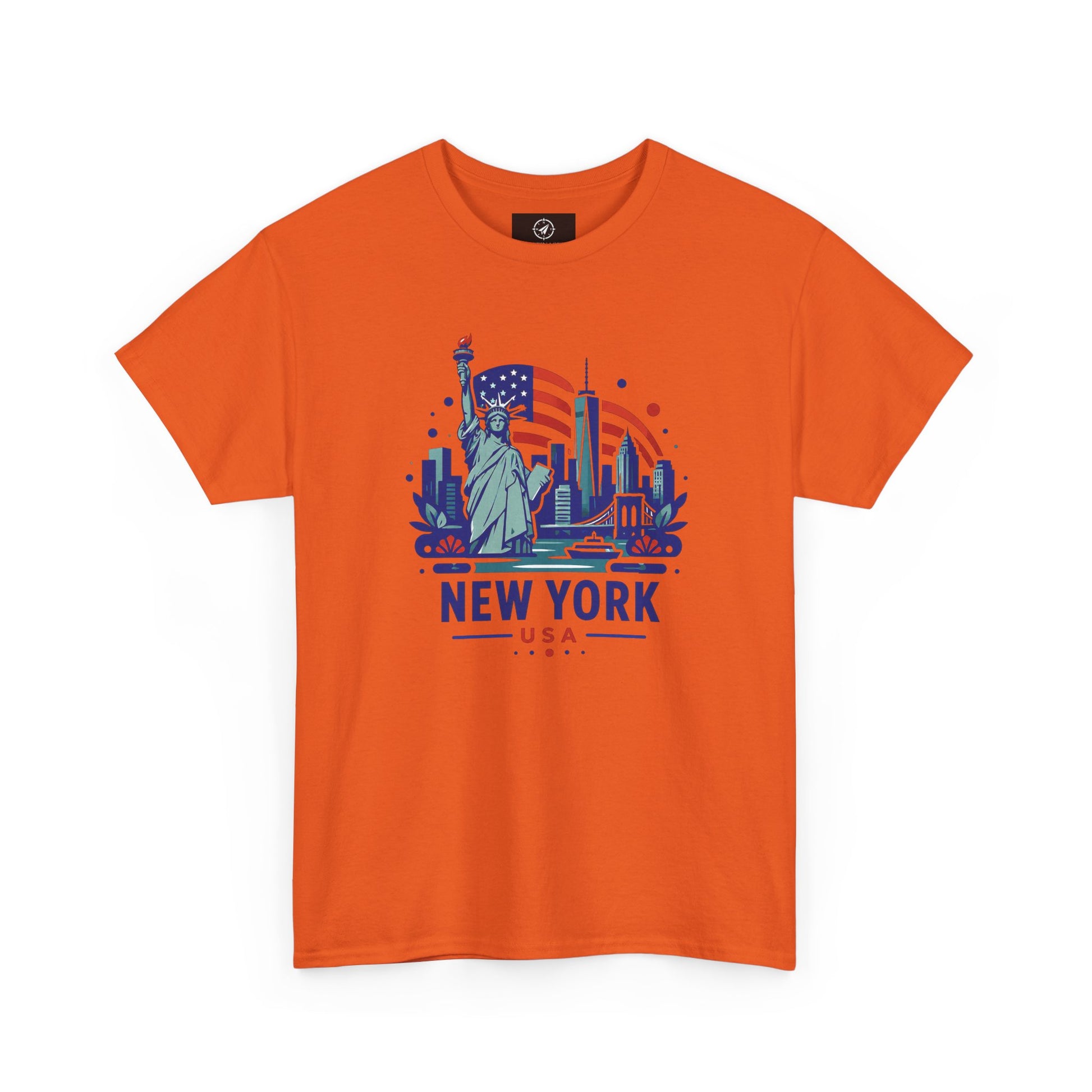 Orange T-shirt with Statue of Liberty and New York USA graphic on front
