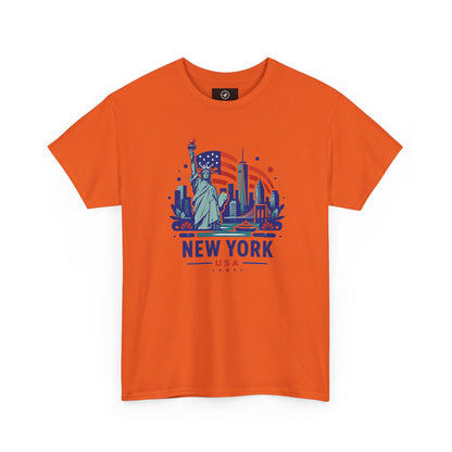 Orange T-shirt with Statue of Liberty and New York USA graphic on front