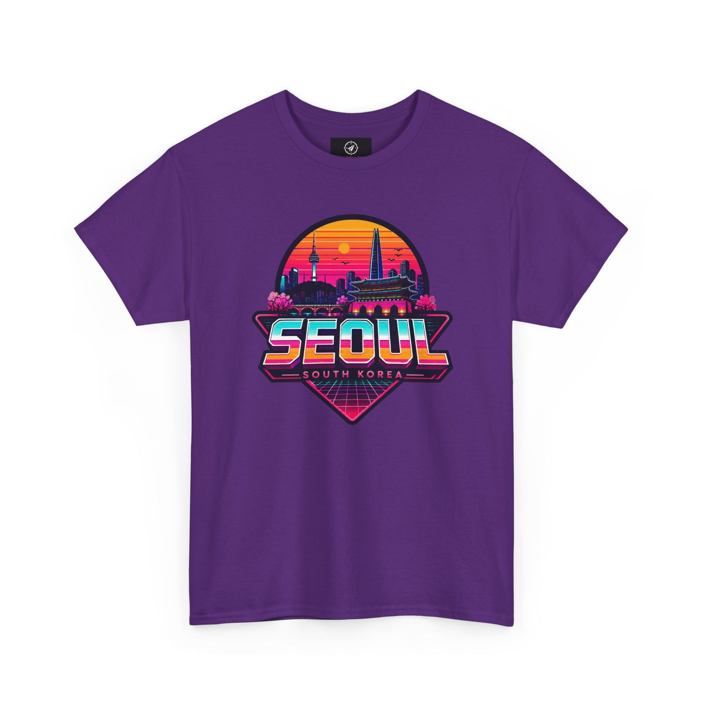 Purple t-shirt with front Seoul South Korea heart skyline graphic, crew neck