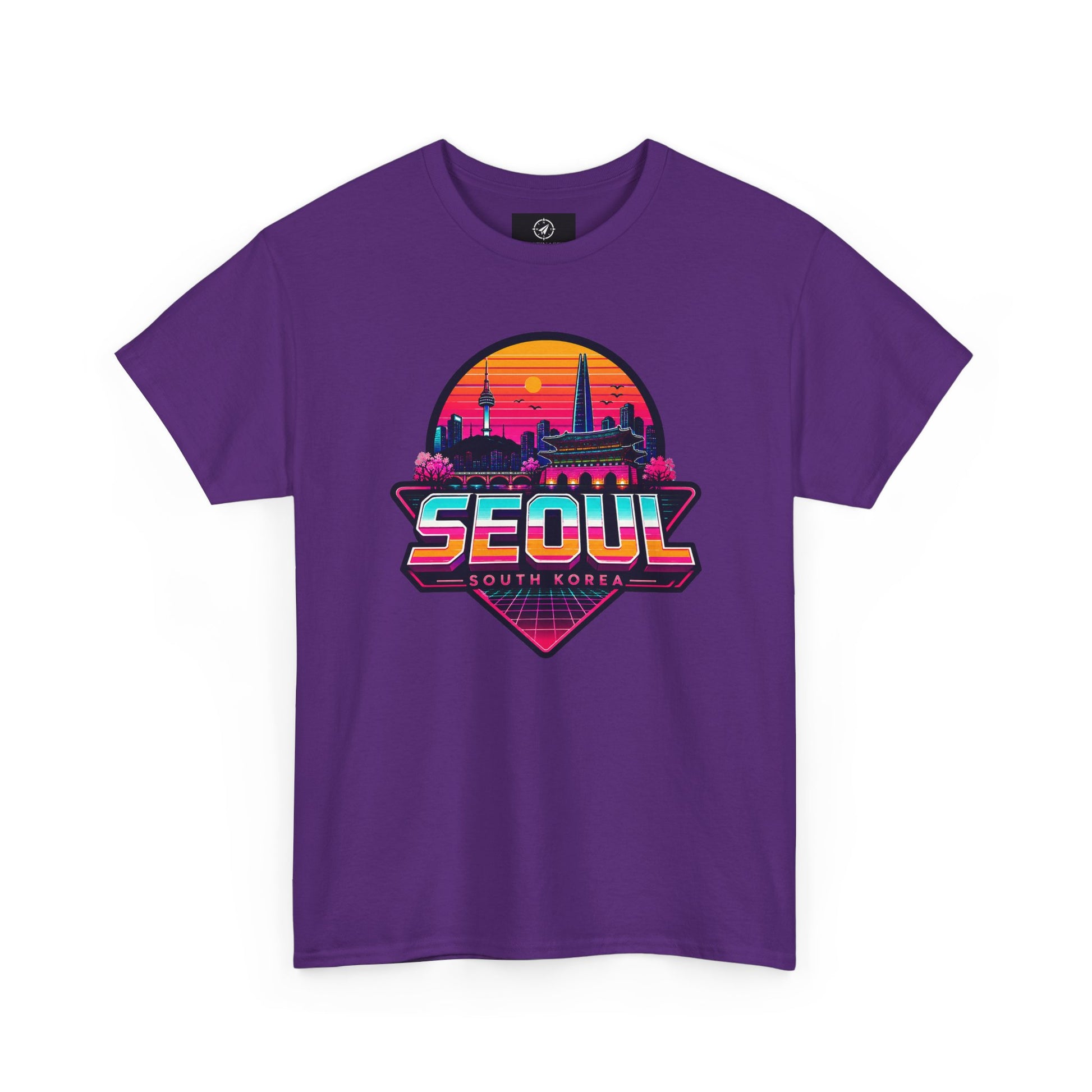 Purple t-shirt with front Seoul South Korea heart skyline graphic, crew neck