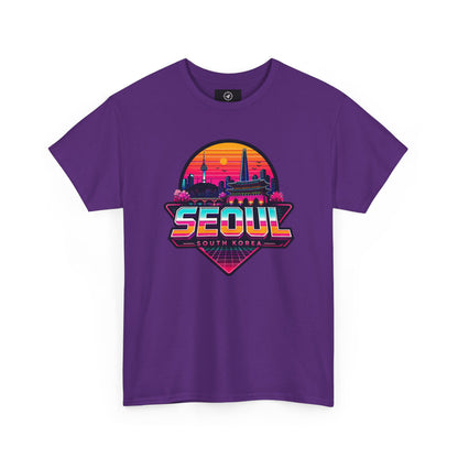 Purple t-shirt with front Seoul South Korea heart skyline graphic, crew neck