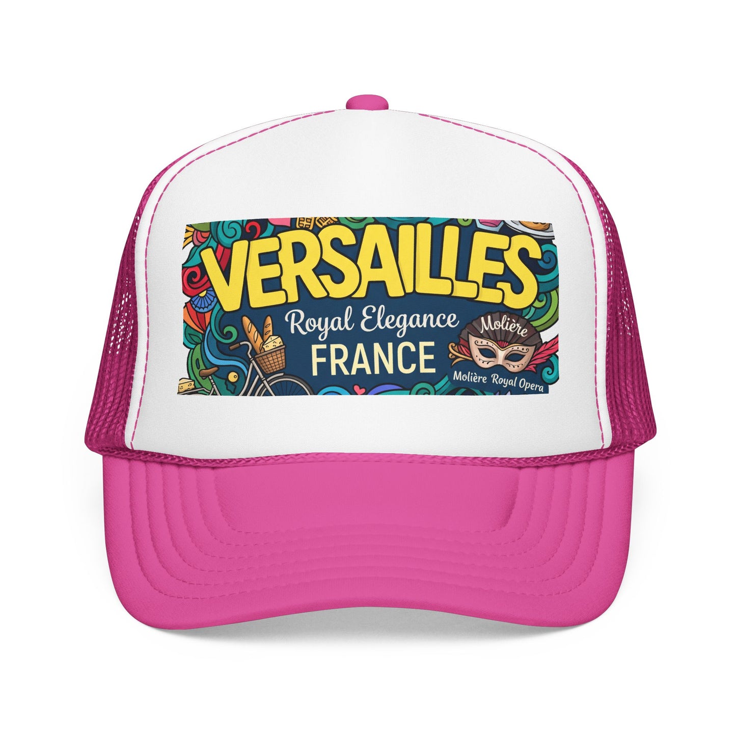 White and pink trucker hat with mesh back and “Versailles France” front patch