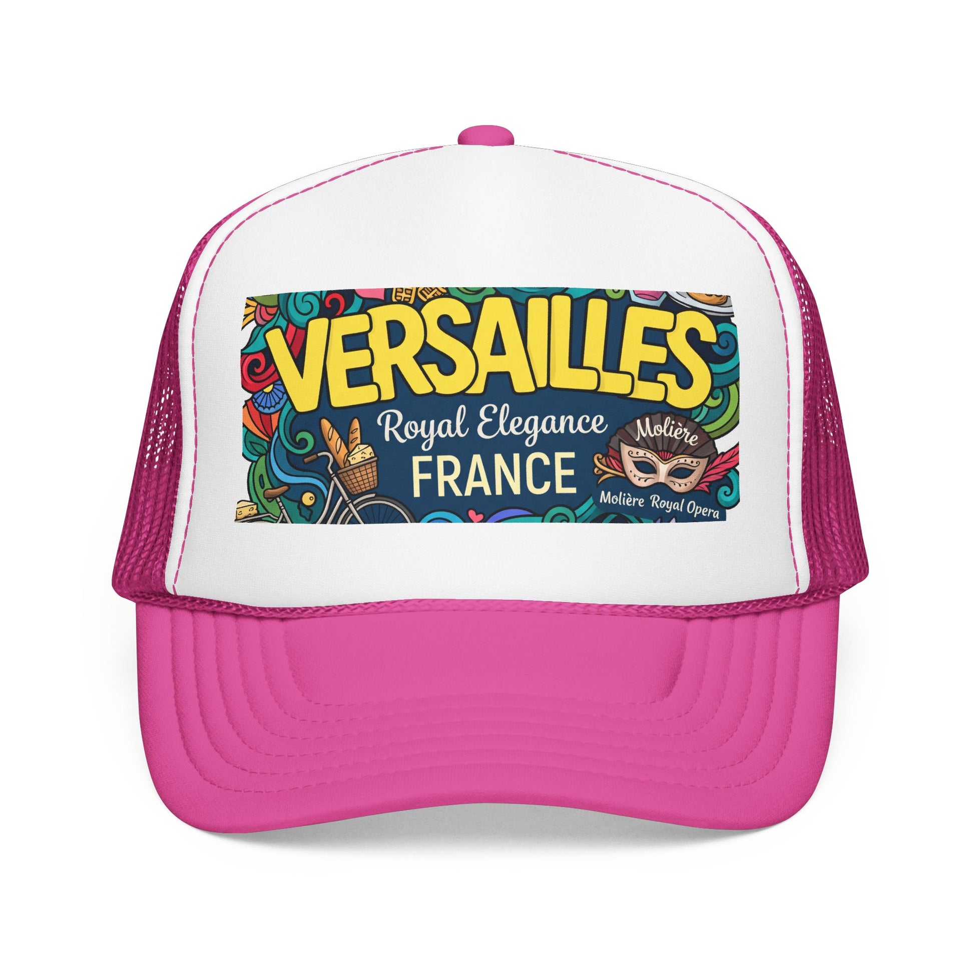 White and pink trucker hat with mesh back and “Versailles France” front patch