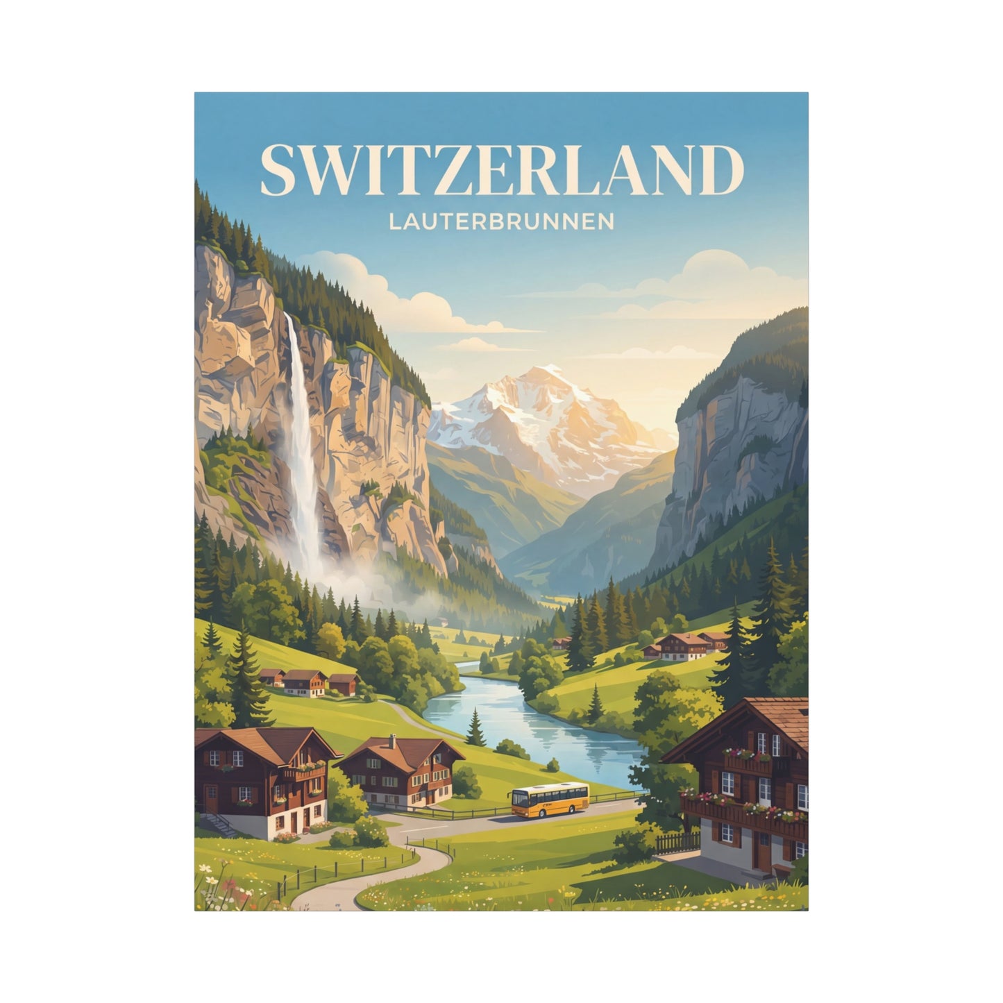 Canvas wall art with Switzerland Lauterbrunnen title over mountain valley, village, and river