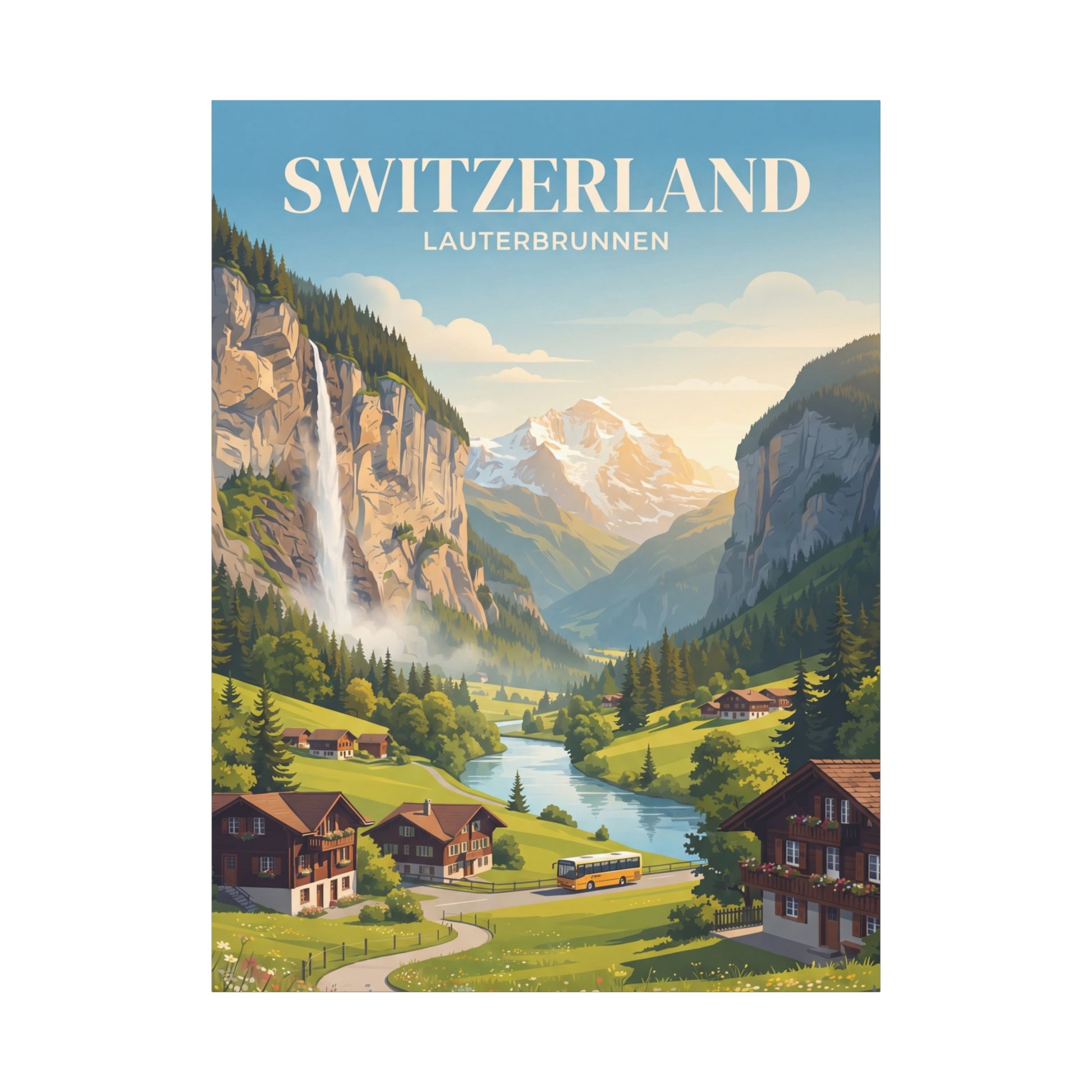 Canvas wall art with Switzerland Lauterbrunnen title over mountain valley, village, and river