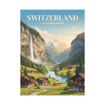 Canvas wall art with Switzerland Lauterbrunnen title over mountain valley, village, and river