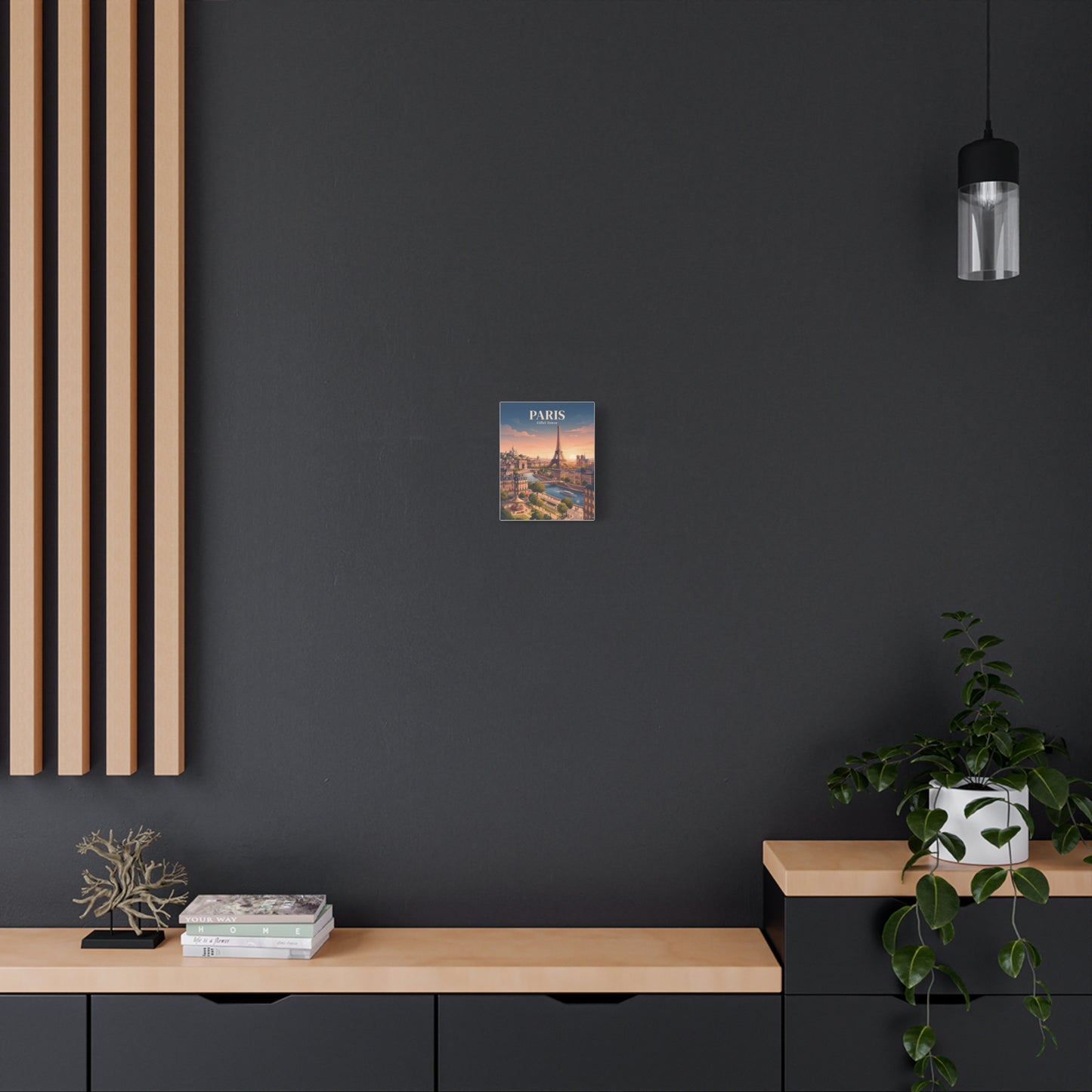 Matte canvas wall art of PARIS and Eiffel Tower shown small on a dark wall