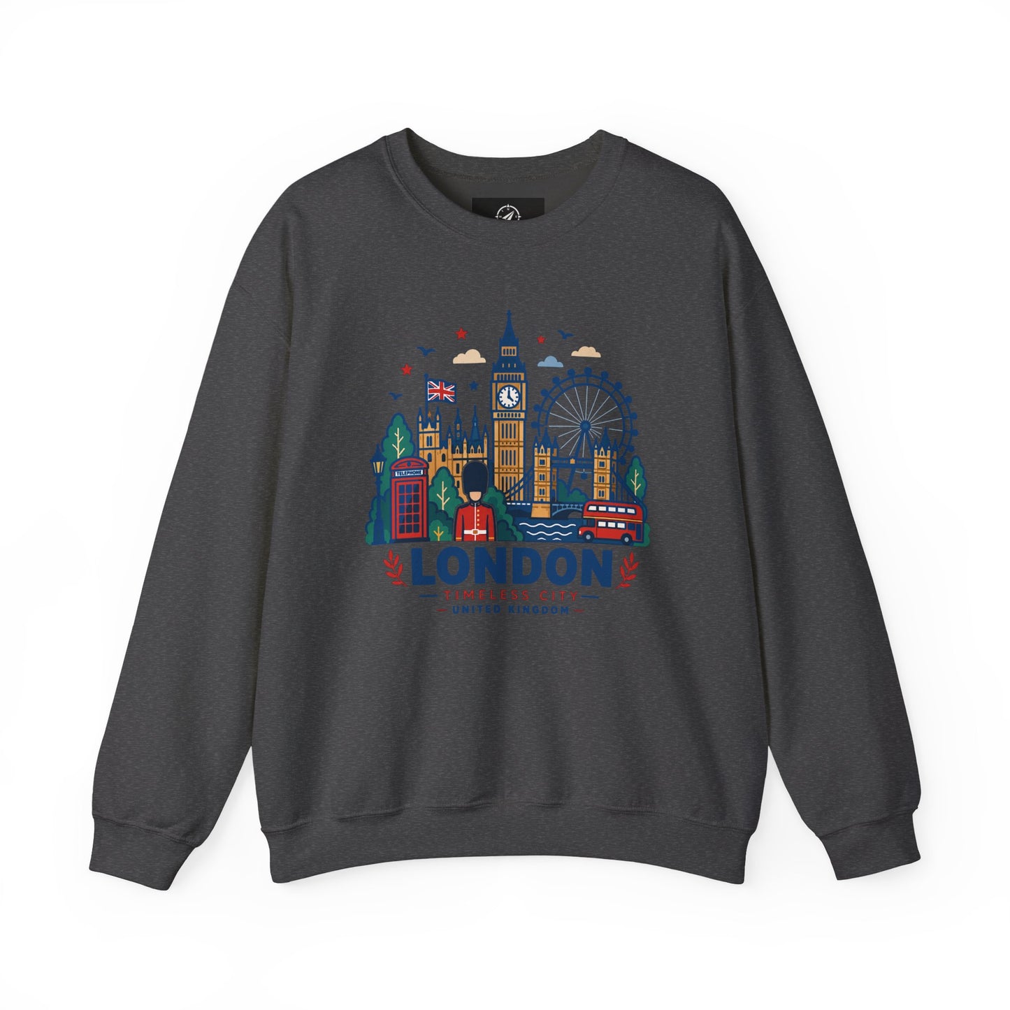 Dark heather crewneck sweatshirt with colorful London skyline graphic and “London” logo