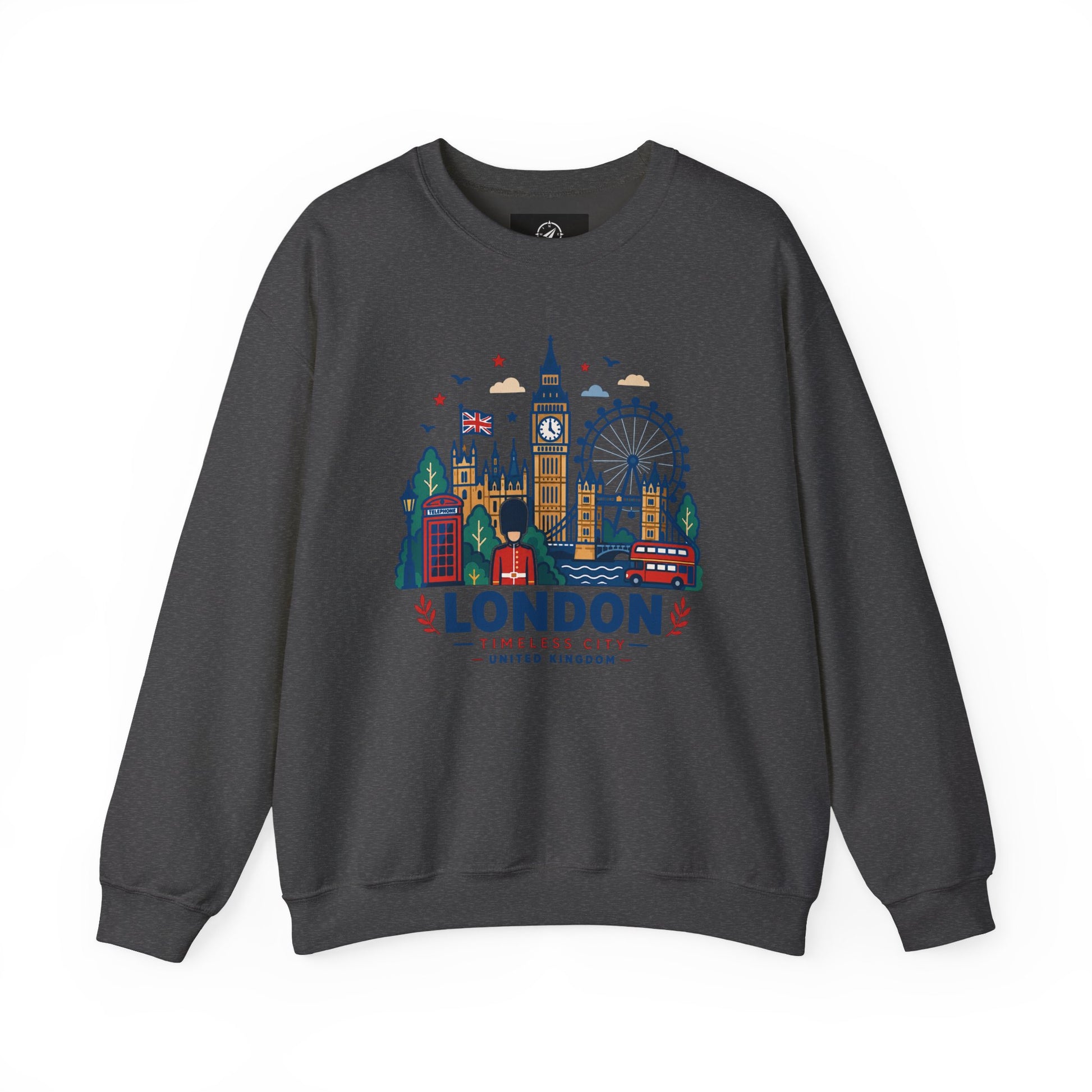Dark heather crewneck sweatshirt with colorful London skyline graphic and “London” logo