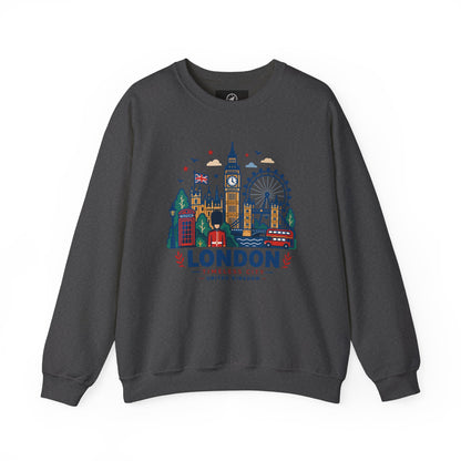 Dark heather crewneck sweatshirt with colorful London skyline graphic and “London” logo