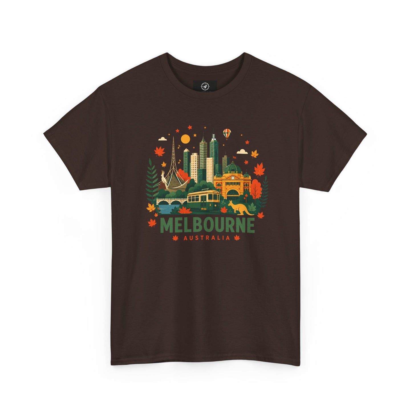 Dark chocolate T-shirt with Melbourne skyline and colorful autumn front graphic