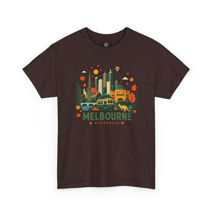 Dark chocolate T-shirt with Melbourne skyline and colorful autumn front graphic