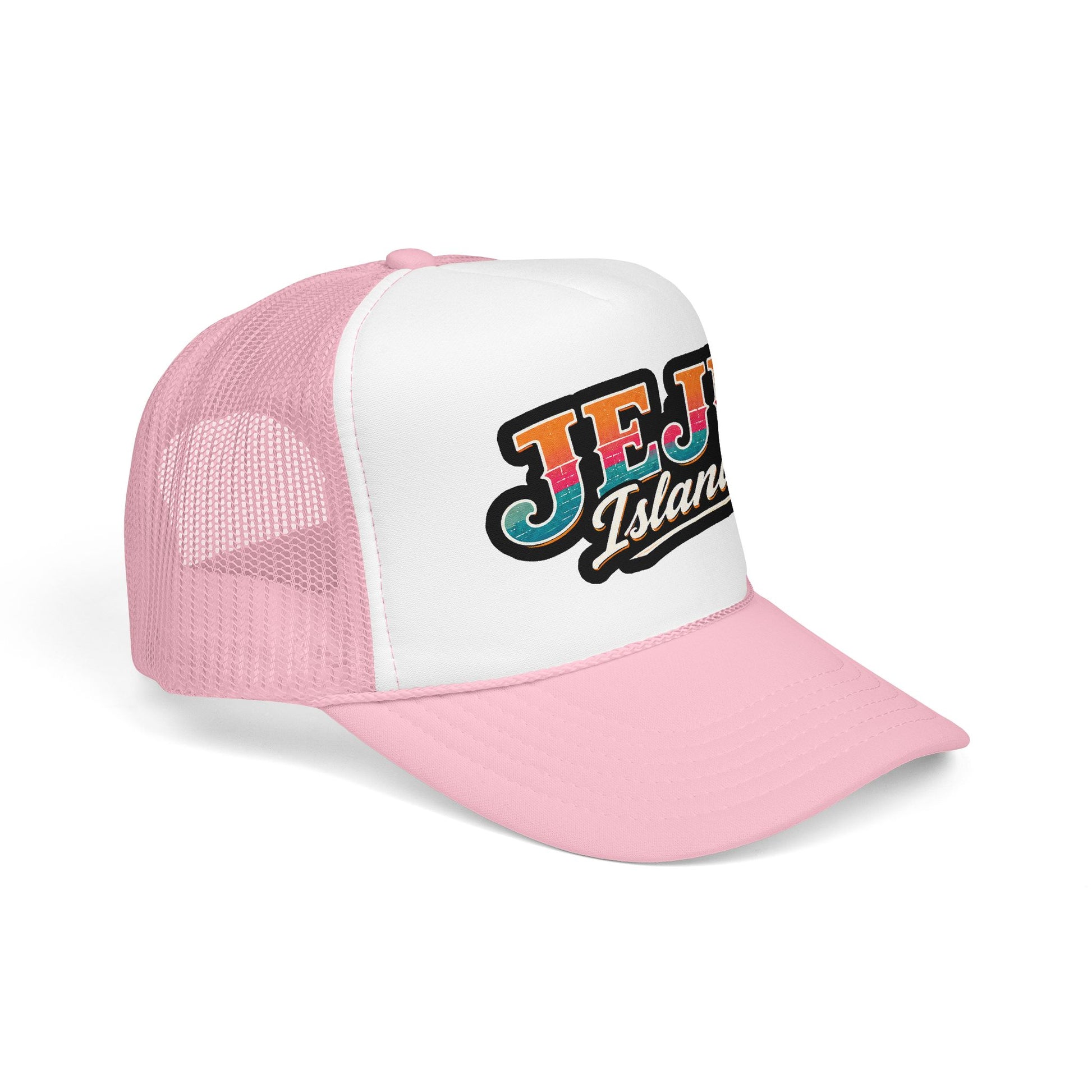 Foam trucker hat, white crown with light pink mesh and Jeju Island logo