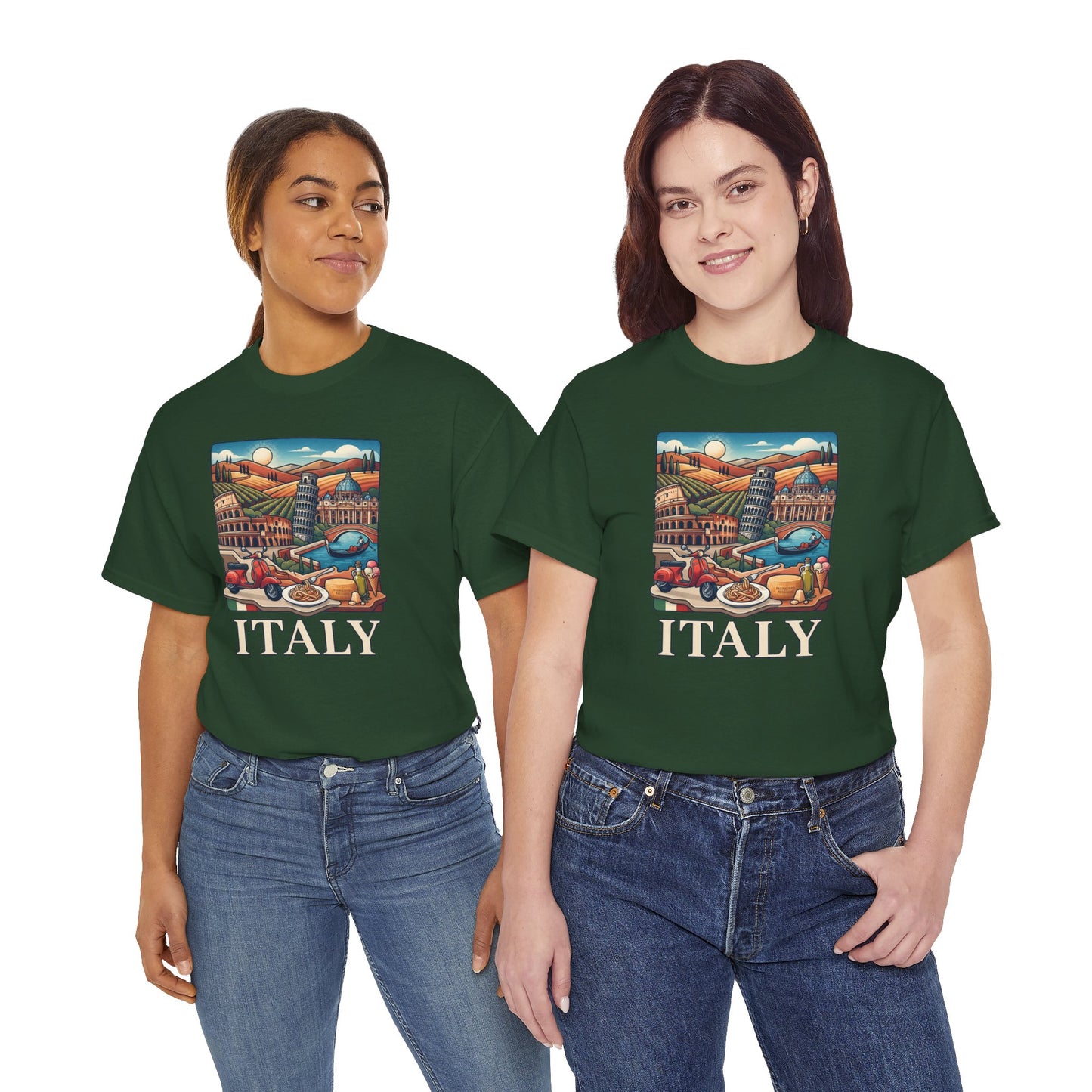 Dark green T-shirt with Italy scenic graphic and ITALY text on front
