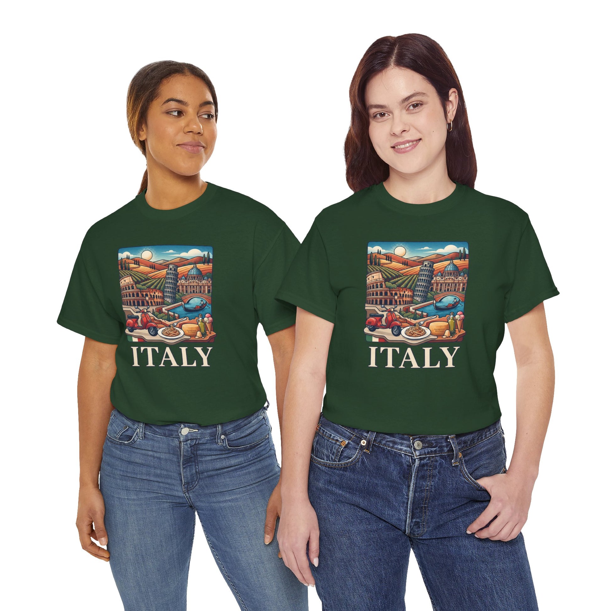Dark green T-shirt with Italy scenic graphic and ITALY text on front