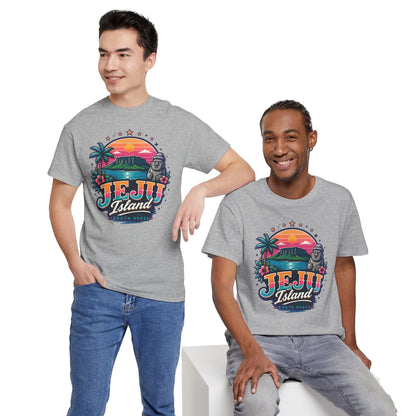 Heather grey Jeju Island graphic T-shirt worn by two people with jeans