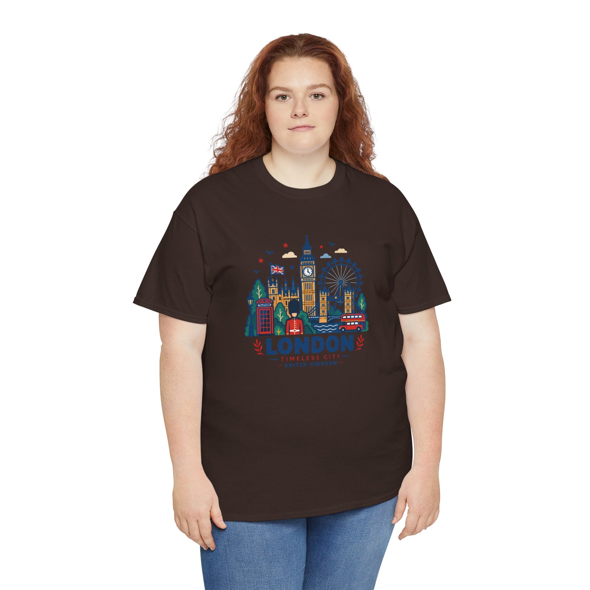Maroon London skyline T-shirt with colorful city graphic on the chest