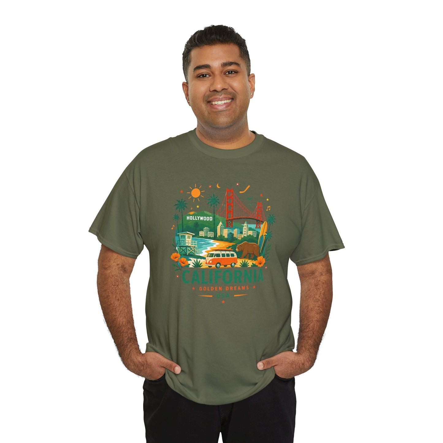 Olive green T-shirt with colorful California city graphic printed on front.
