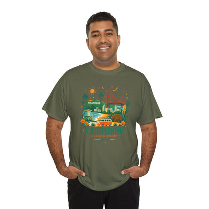 Olive green T-shirt with colorful California city graphic printed on front.