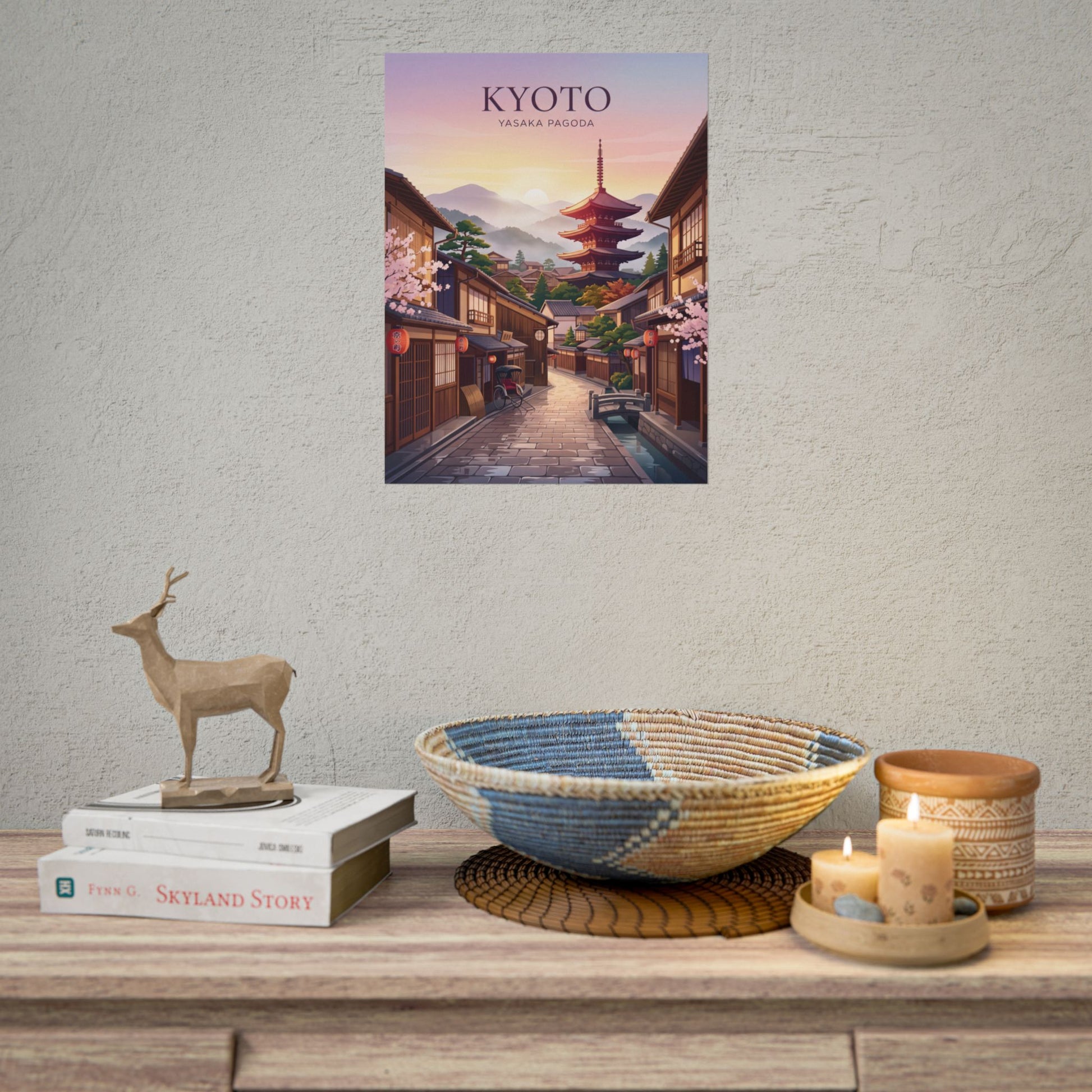 Kyoto rolled poster, red pagoda over lantern-lined houses with cherry blossoms, wall-mounted